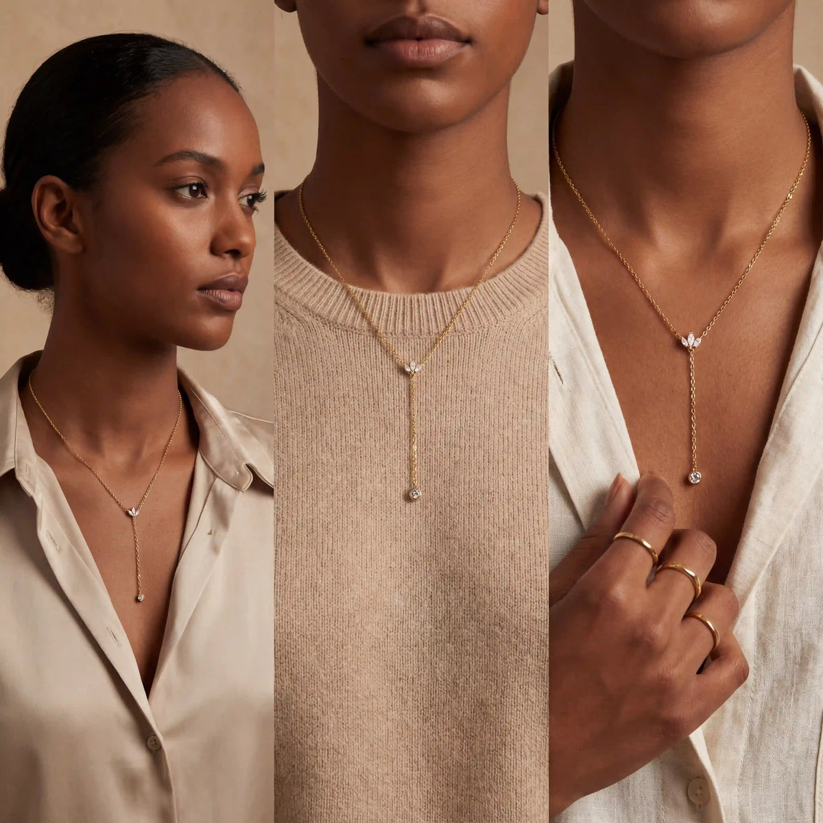 Model with dark skin wearing gold Reine necklace styled with beige button down shirt.