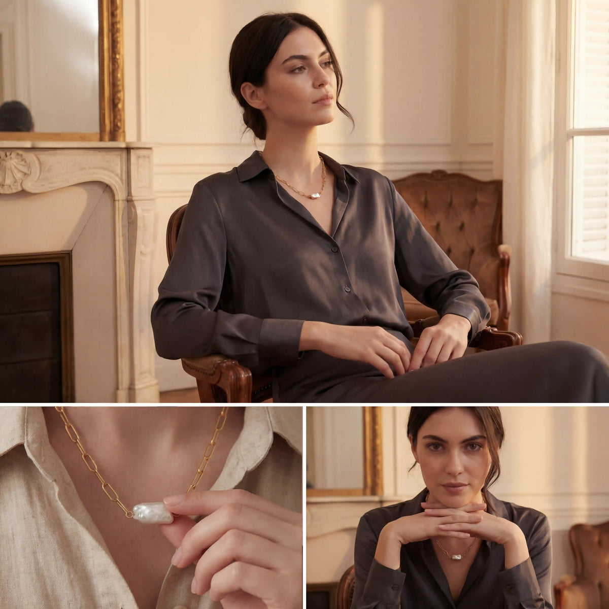 Brunette model styling gold paperclip pearl necklace with silk shirt office chic.