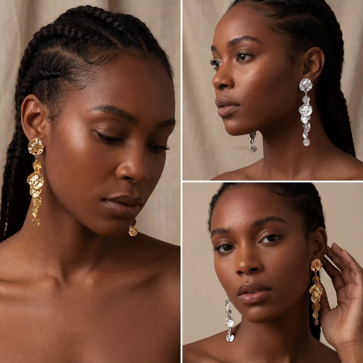 Model with dark skin wearing gold statement drop earrings textured coin design.