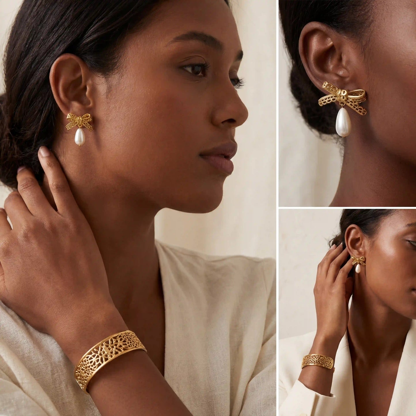 Model with dark skin wearing gold bow tie earrings with pearl pendant statement jewelry.