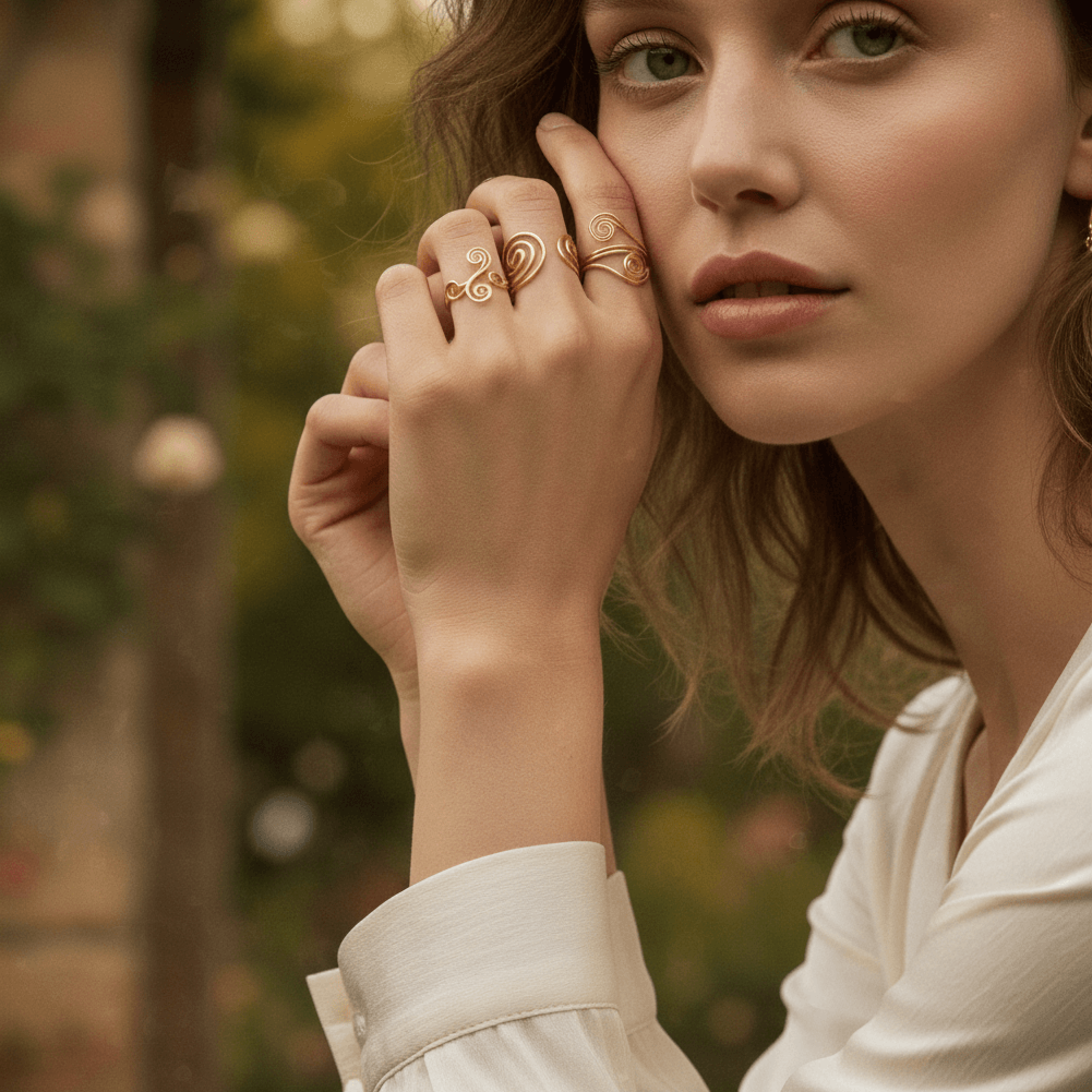 A model's hand holding a ceramic coffee cup, with the bold, waterproof Liquid Gold Ring visible. This showcases the ring's durability and suitability for everyday wear.