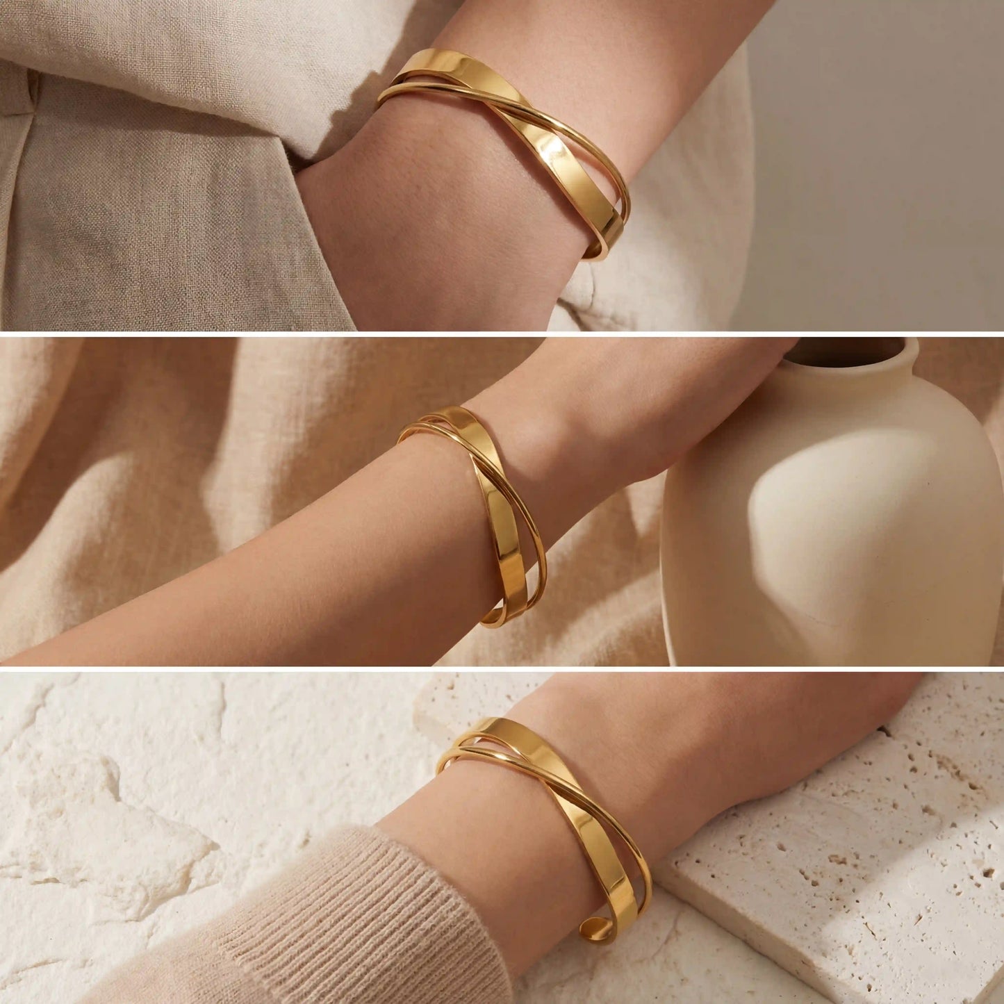 Mood board collage of architectural gold cuff bracelet styling on wrist.