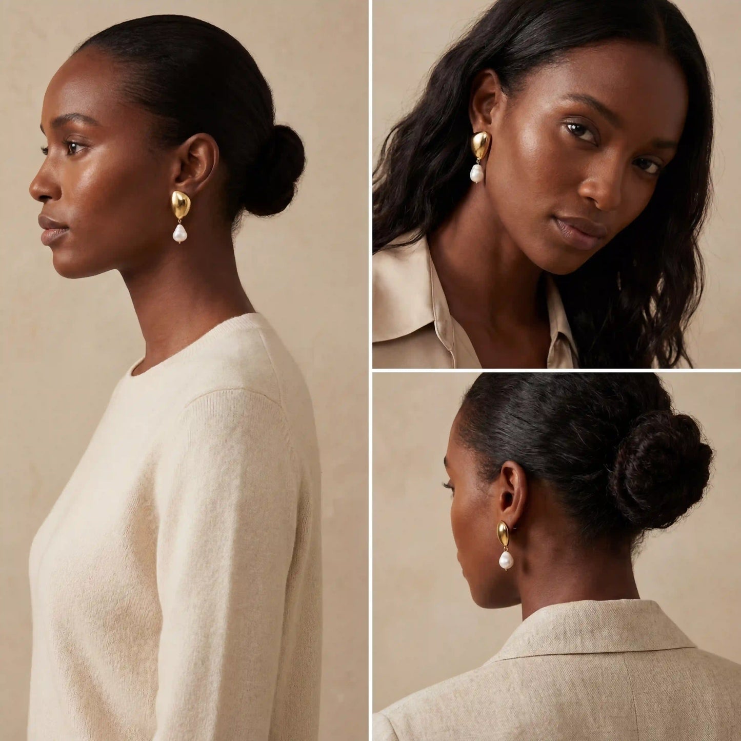 Black model styling gold and pearl statement earrings for work or wedding guest look.