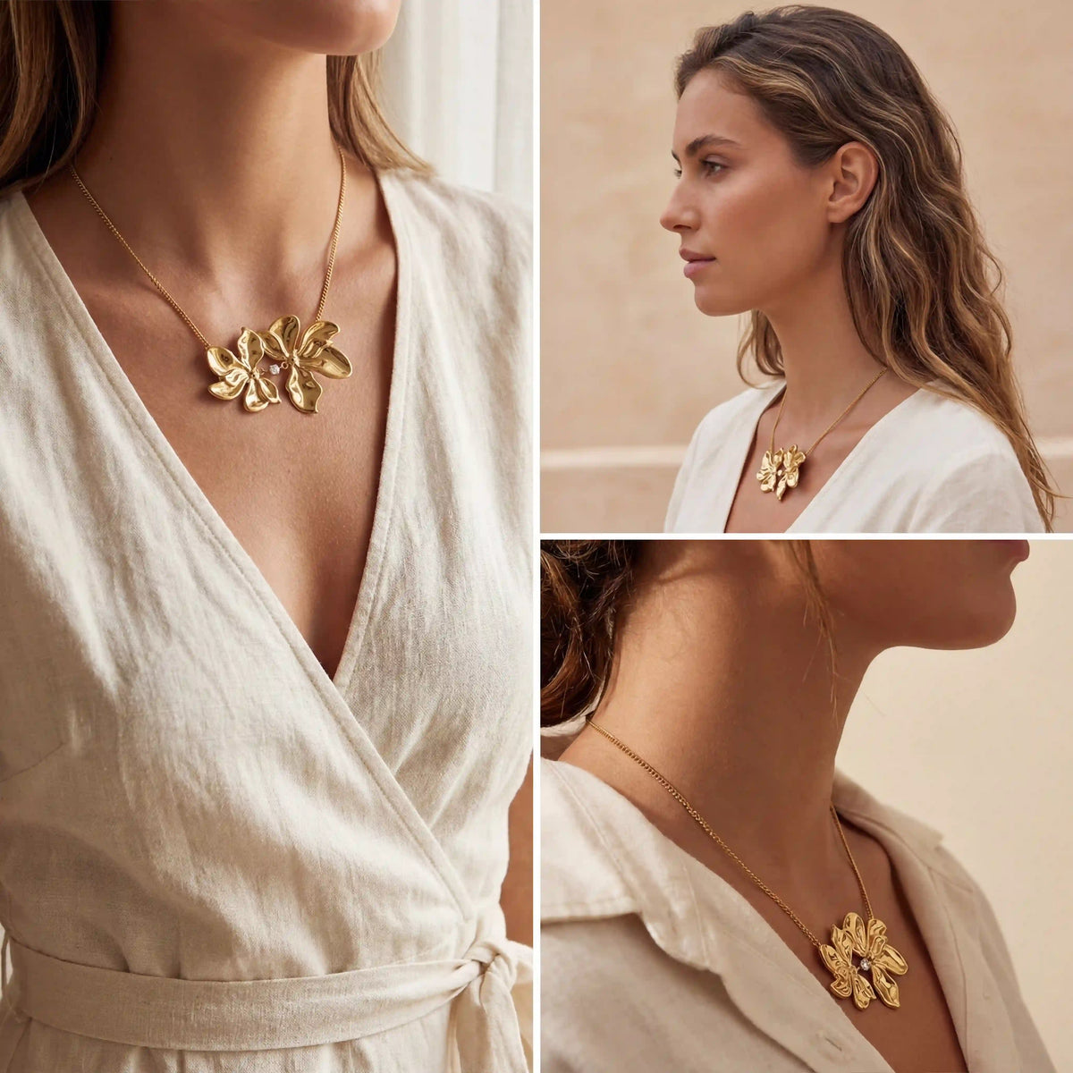 Lifestyle photography collage of woman wearing romantic gold flower necklace spring fashion.