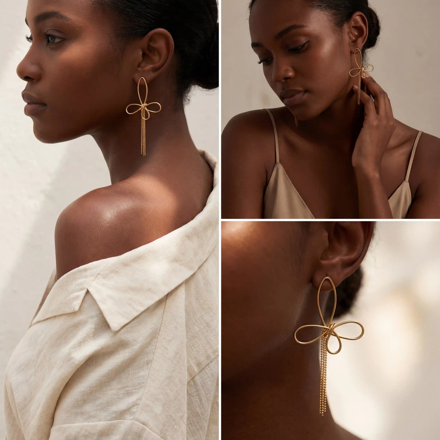 Model with dark skin wearing gold Psyche earrings with linear drop chains modern jewelry.