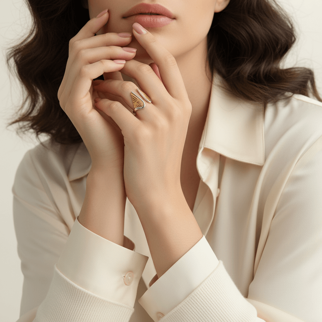 A woman in a classic white shirt wearing the all-gold Seraphina Ring, bringing her hands to her chin in an elegant pose that highlights the jewelry.
