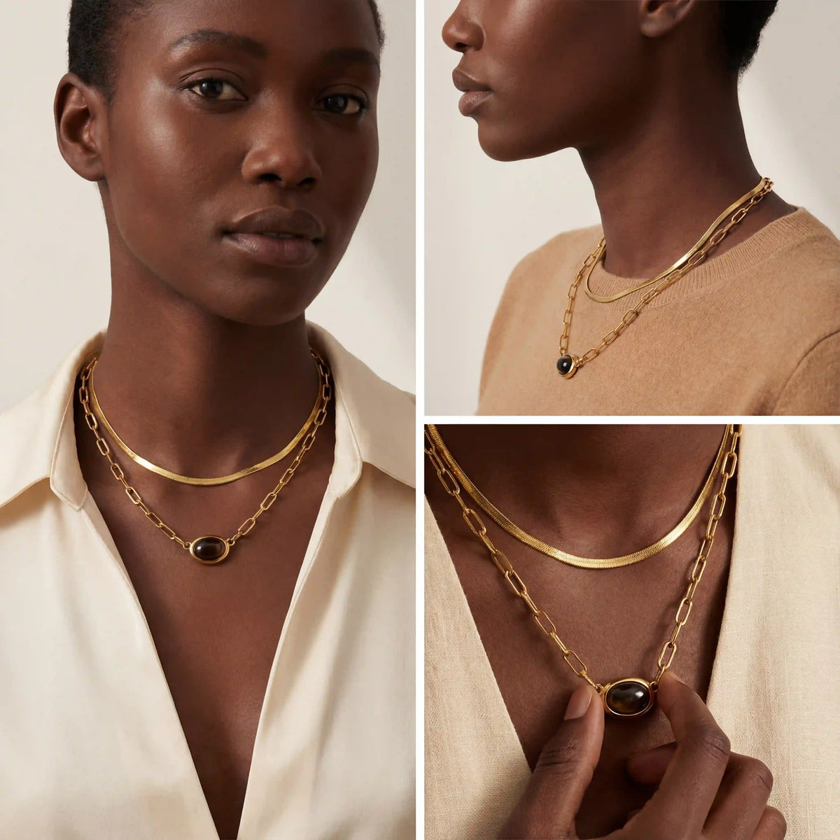 Model with dark skin layering gold stone pendant necklace with gold herringbone chain.