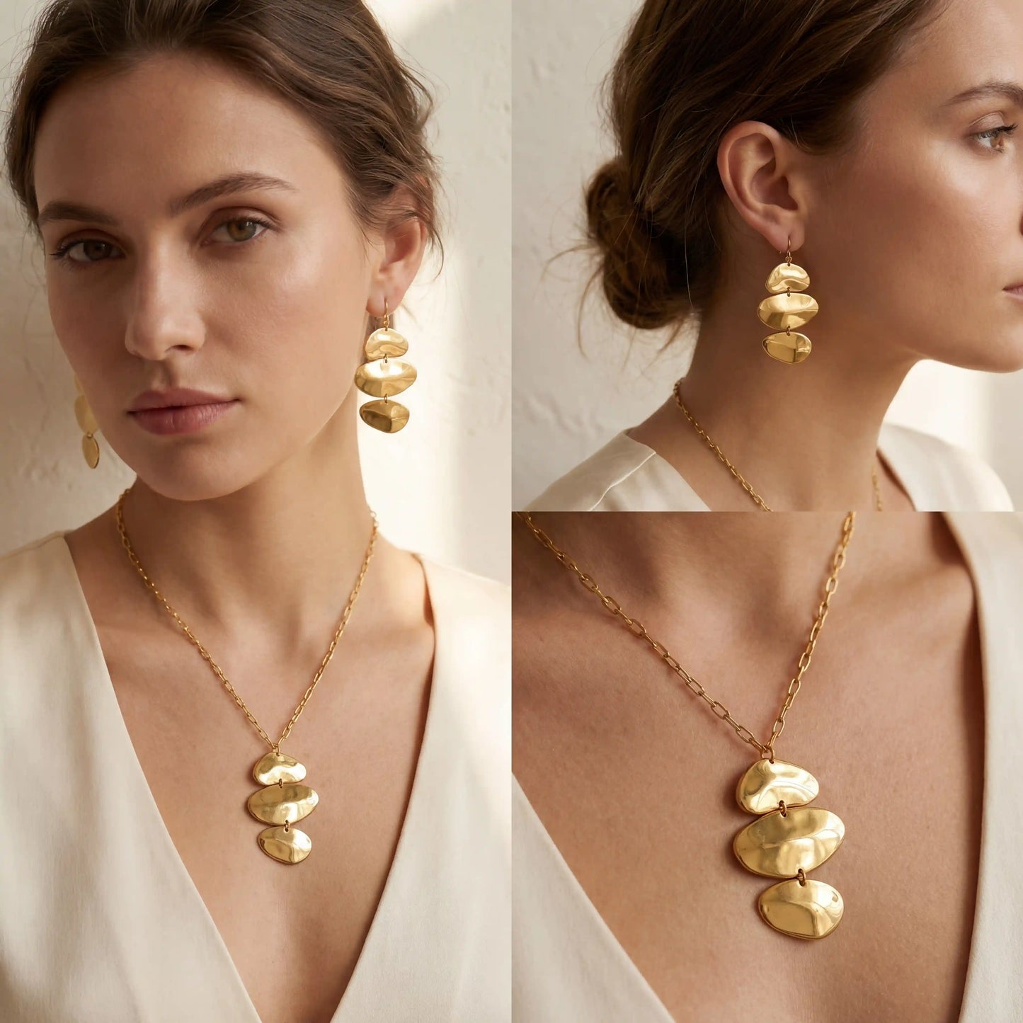 Lifestyle photography of woman styling matching gold organic earrings and necklace set.