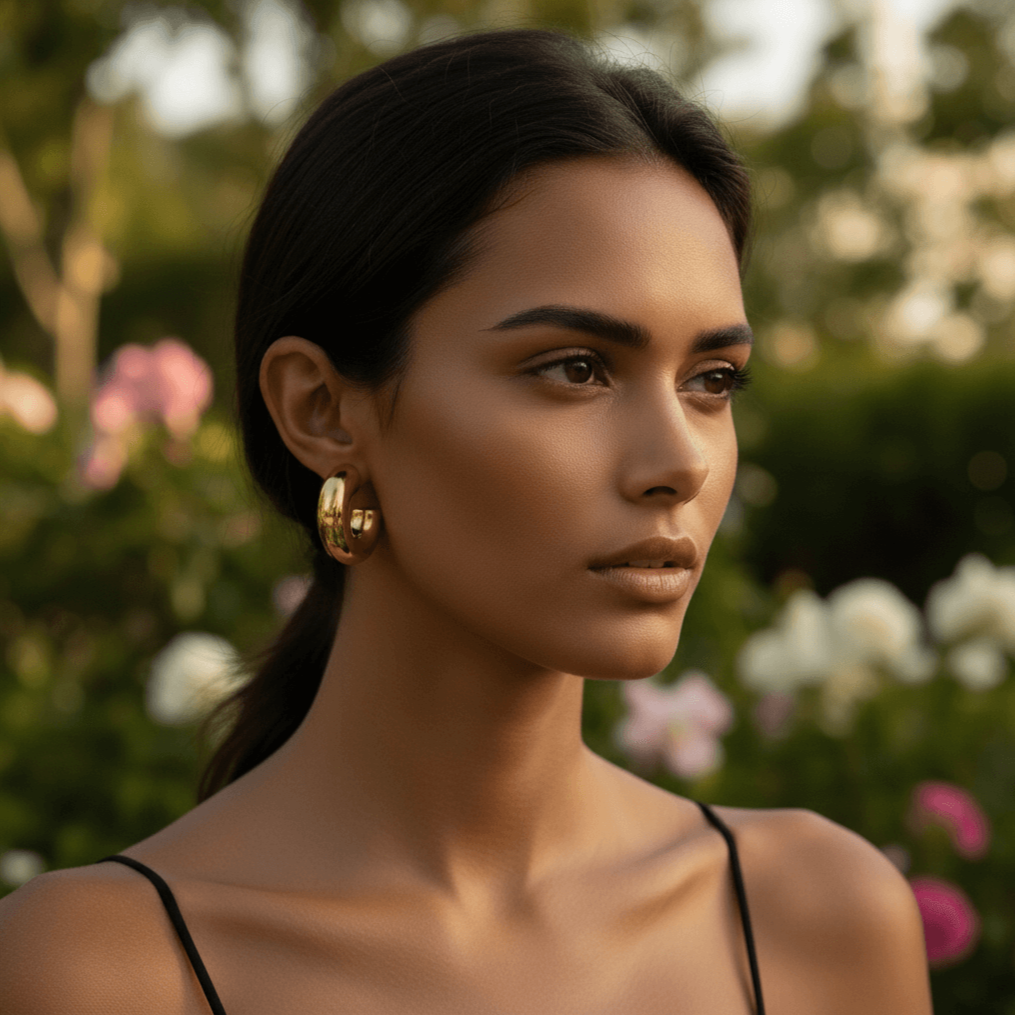A close-up side profile of a model with her hair in a sleek bun, wearing the chunky gold Cloud Hoops. The earring's puffy, dome shape is highlighted against her simple white t-shirt.