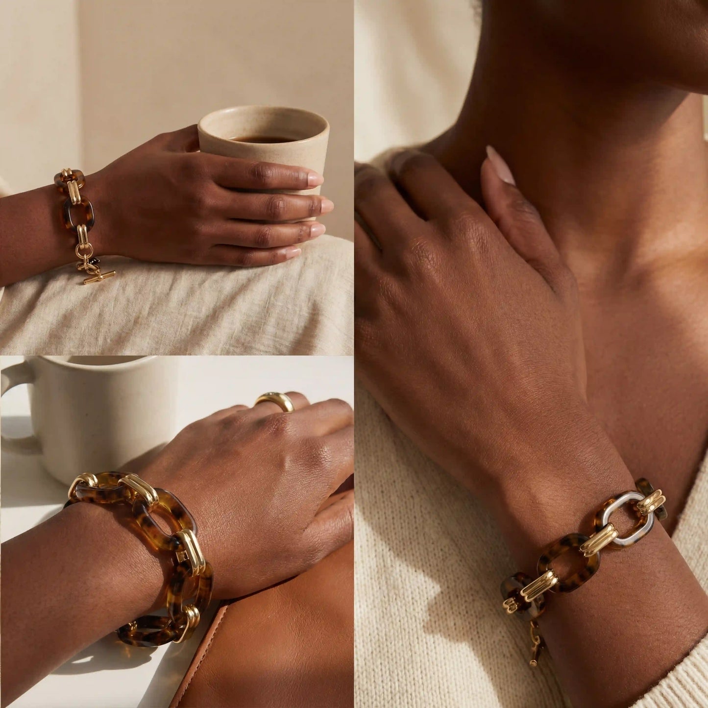 Model with dark skin wearing statement tortoise shell gold bracelet old money style.