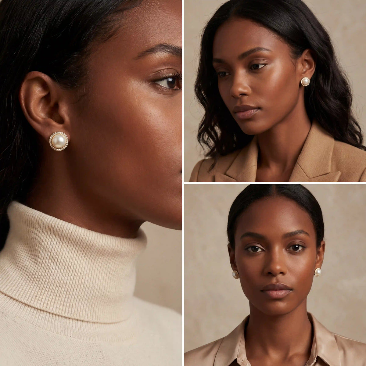 Model with dark skin wearing timeless pearl halo earrings wedding guest jewelry.