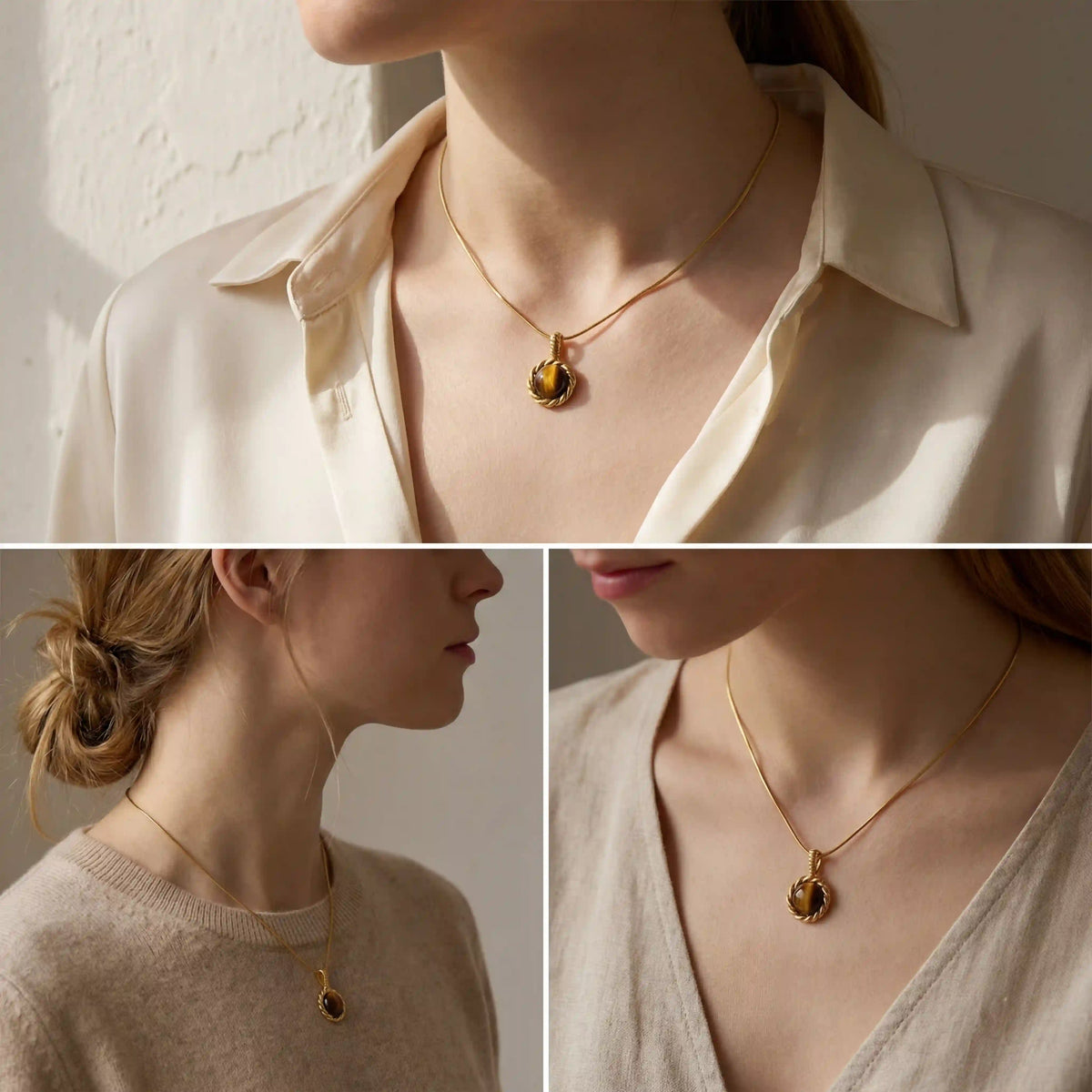 Lifestyle photography collage of woman styling vintage tiger's eye stone necklace office look.