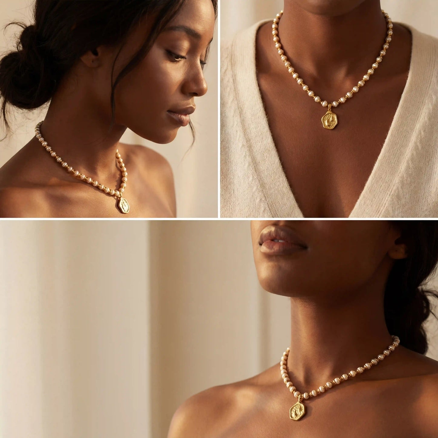 Model with dark skin styling gold and pearl spacer necklace bohemian vibe.