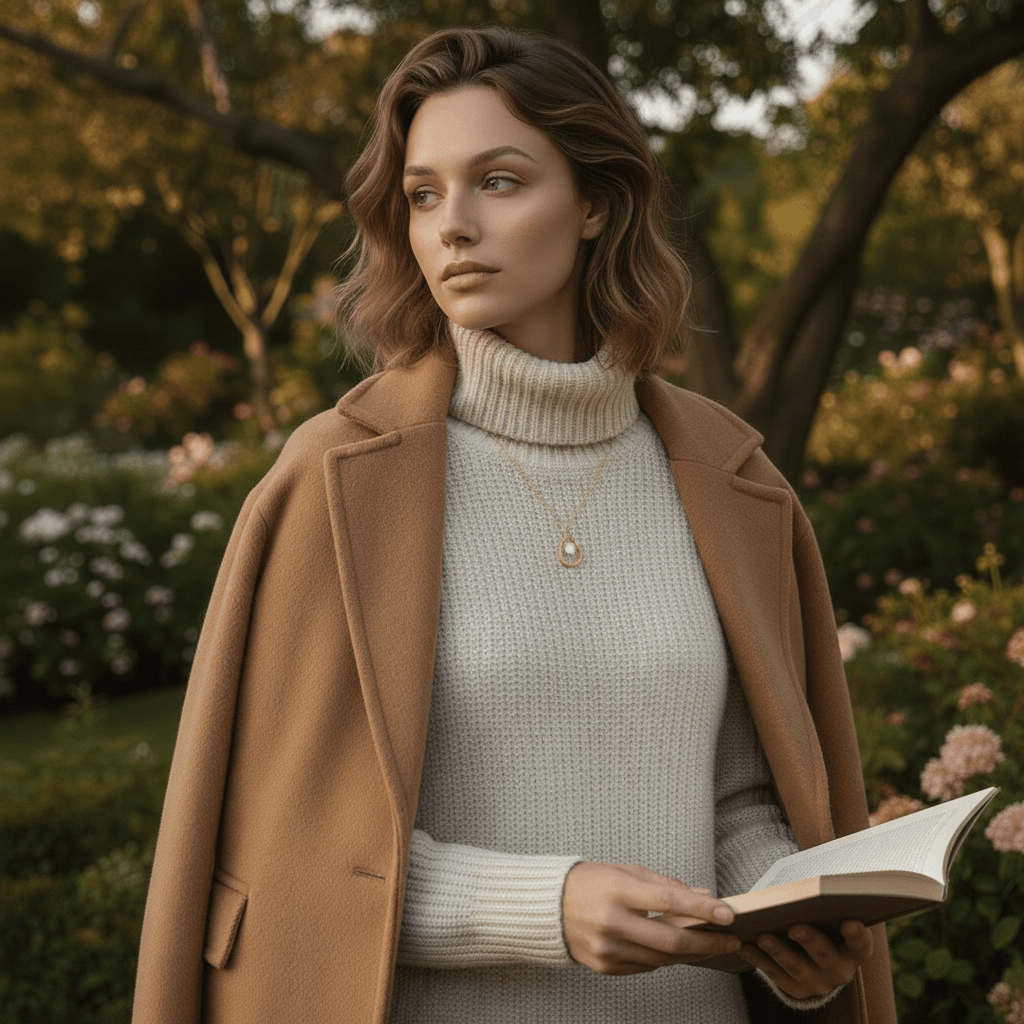 A model wearing a chic beige blazer, with the dainty Luna Pearl necklace peeking out. It serves as a subtle yet powerful statement of sophistication and quiet confidence in a professional setting