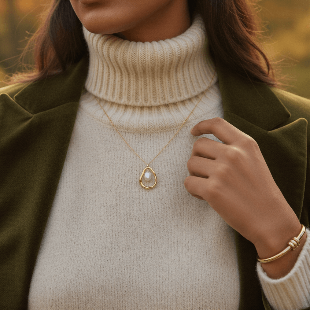 A shot from over a model's shoulder as she looks down at an open jewelry box, her expression filled with joy upon seeing The Luna Pearl necklace inside. This captures the emotion of receiving it as a perfect gift