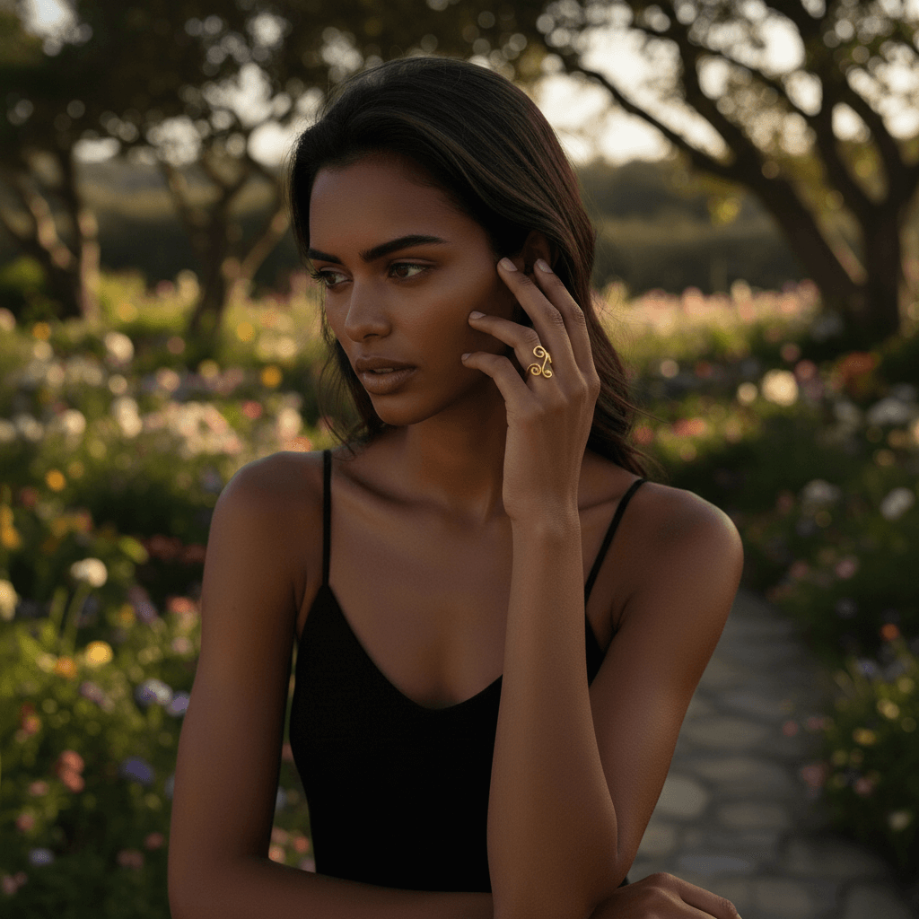A model's hand, wearing the delicate gold Aphrodite Ring, wrapped around a warm, ceramic mug of coffee. The image captures a cozy, intimate moment of self-care, showcasing the ring as a perfect companion for everyday beauty.