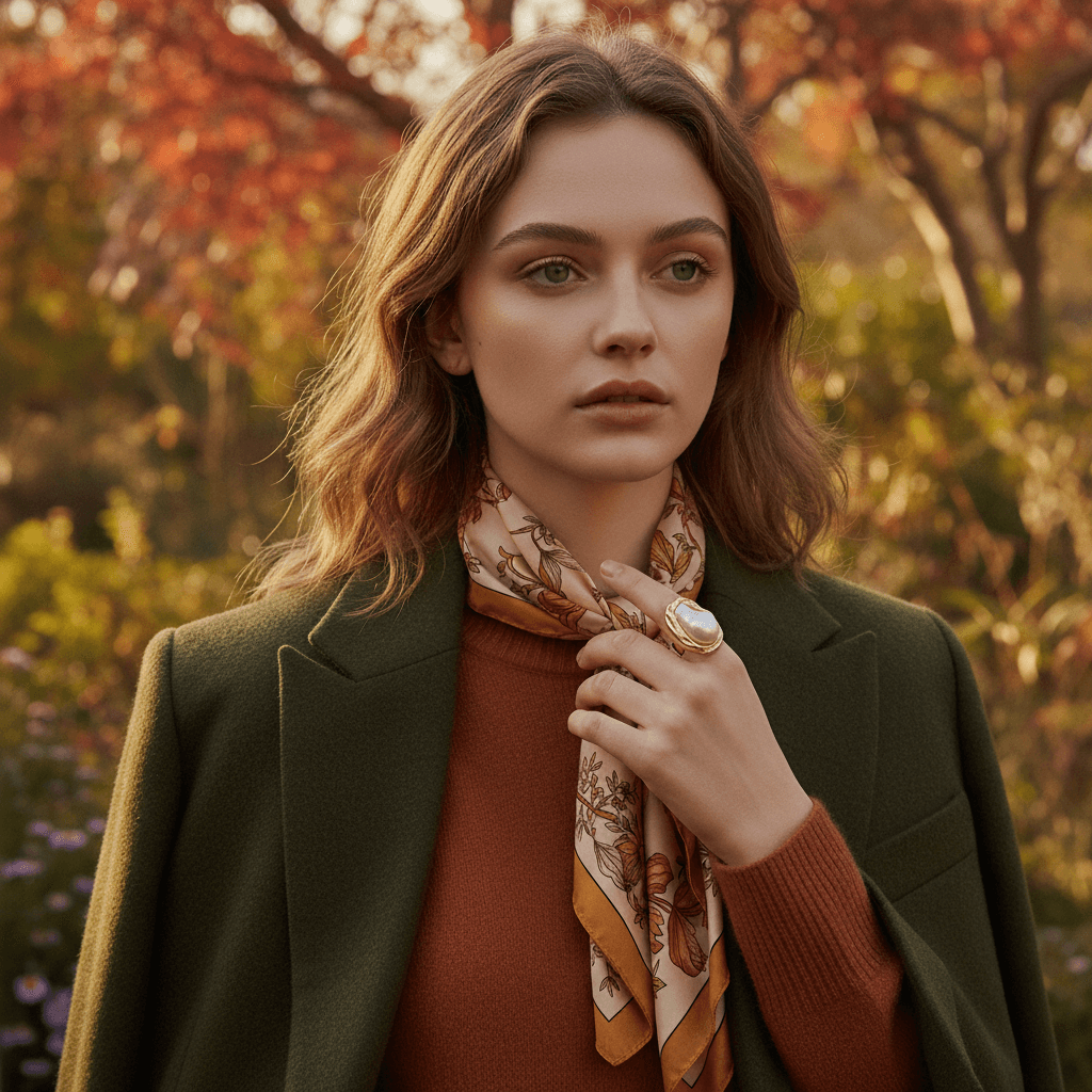 Lifestyle photo of a model in a stylish autumn blazer, wearing The Theia Ring as a statement piece that elevates her entire outfit."