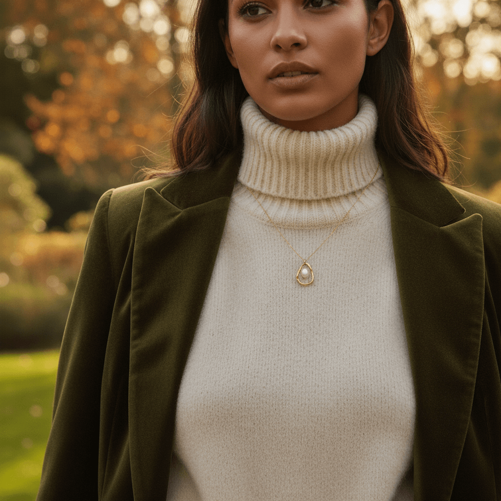 A detailed shot of a model's layered necklace stack, with The Luna Pearl necklace positioned as the shortest, most prominent piece. It acts as the classic, elegant anchor for other gold chains.