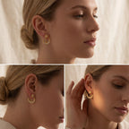 Lifestyle photography collage of blonde woman styling celestial earrings day to night look.