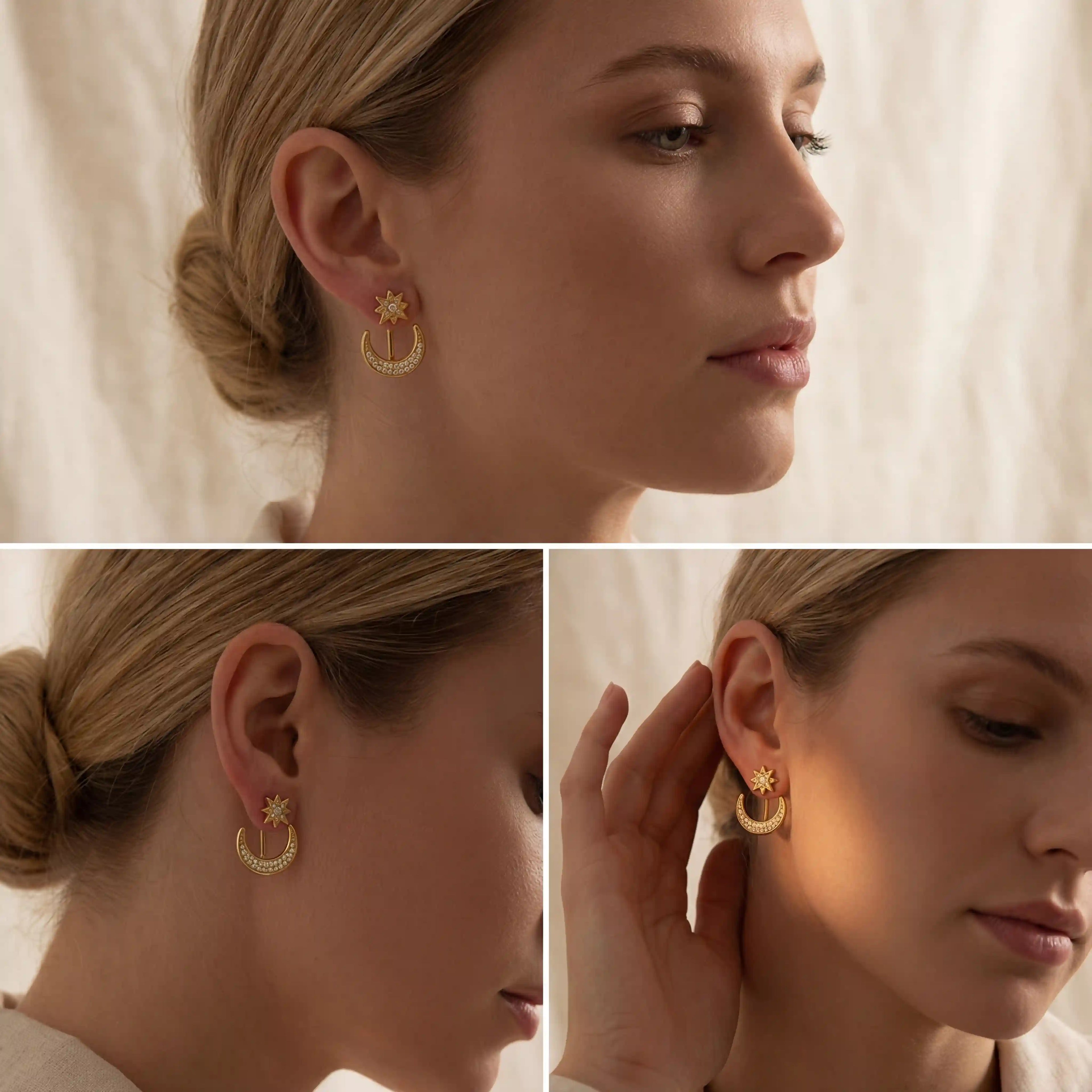 Lifestyle photography collage of blonde woman styling celestial earrings day to night look.