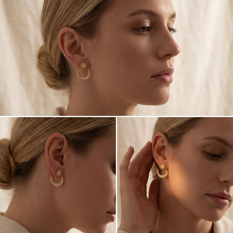 Lifestyle photography collage of blonde woman styling celestial earrings day to night look.