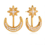 Pair of gold convertible front back earrings with crystal star and moon design.