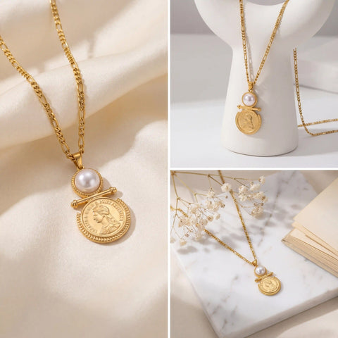 Aesthetic product photography of gold pearl coin necklace on jewelry display stand.