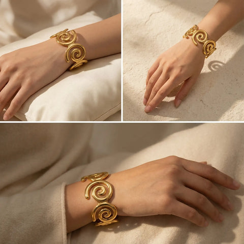 Cozy fall jewelry styling gold wave cuff with beige sweater collage.