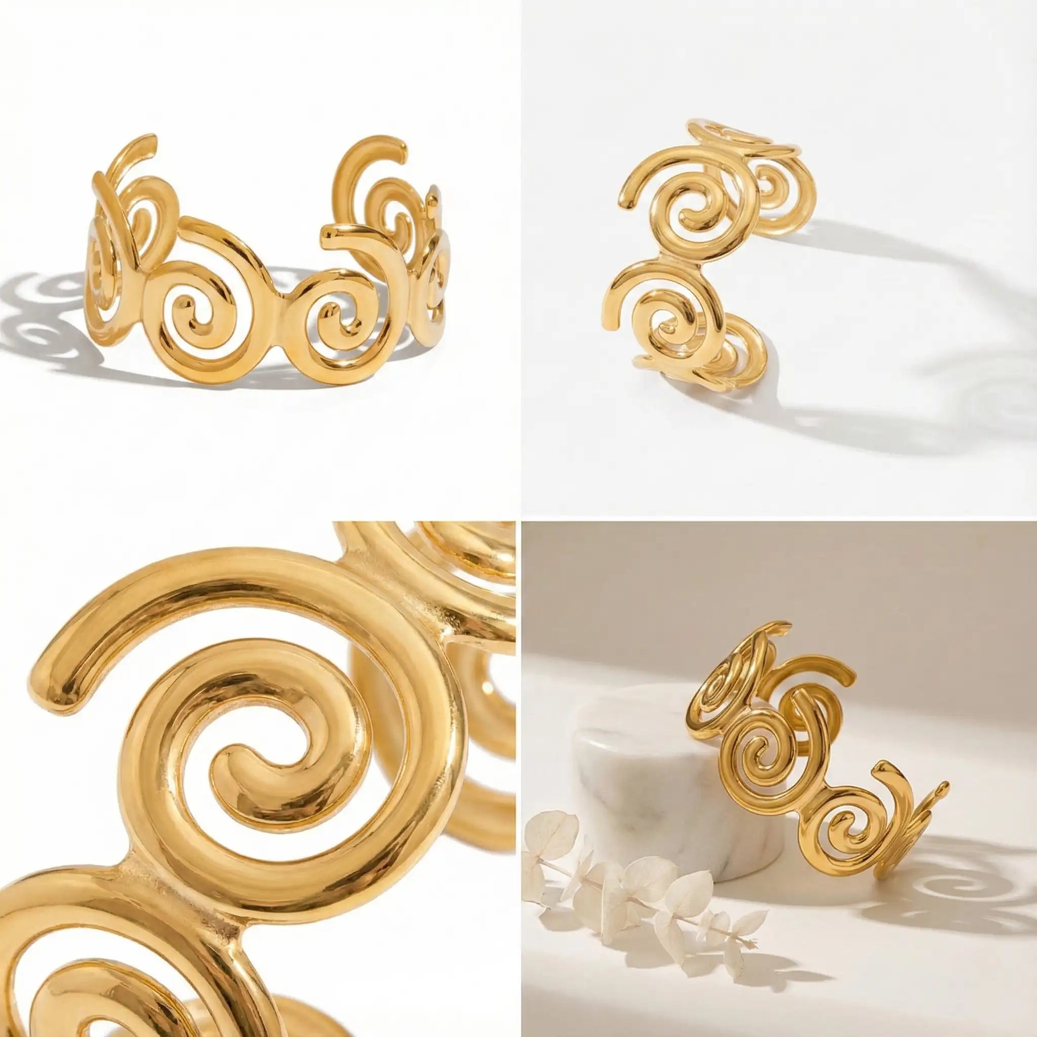 Collage of gold spiral bangle angles and aesthetic flat lay photography.