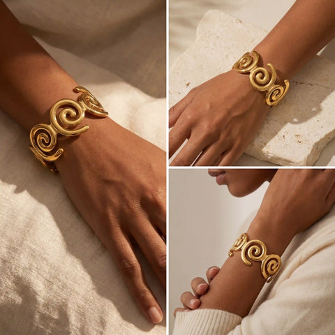 Fashion photography collage of gold statement cuff on dark skin tone model.