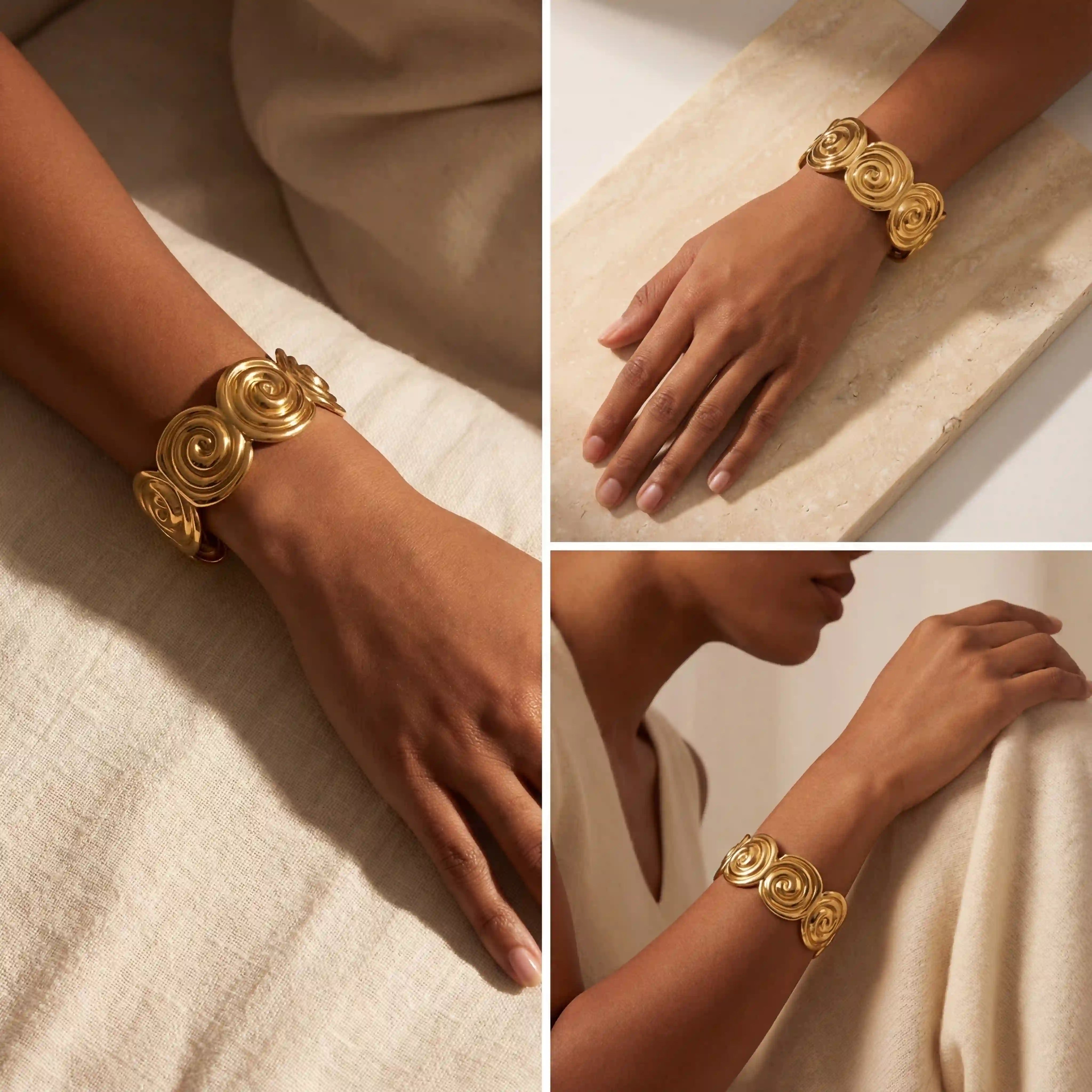 Artistic shadow photography of gold spiral bangle on woman arm.