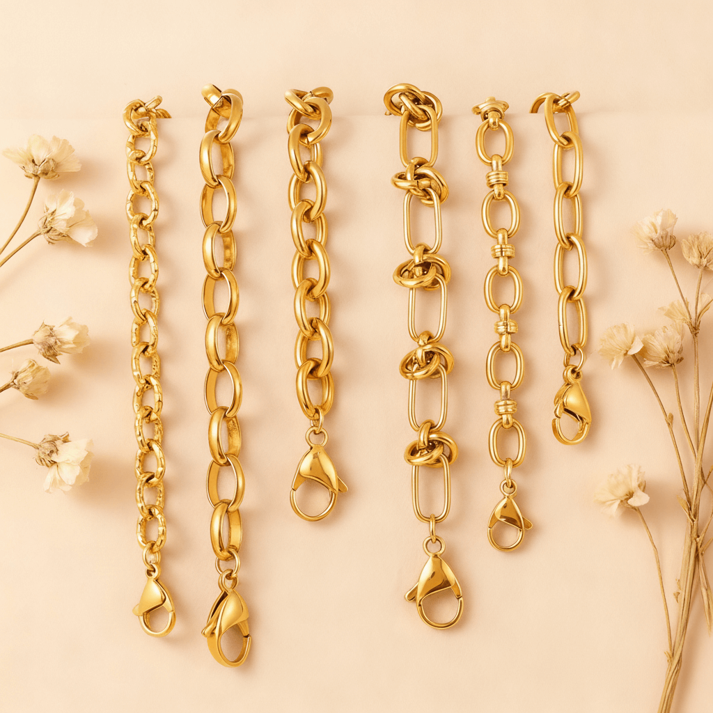 The Amalfi Layering Set by Luminova: all six waterproof gold chain bracelets laid out vertically, showcasing each unique style on a soft beige background with dried flowers.