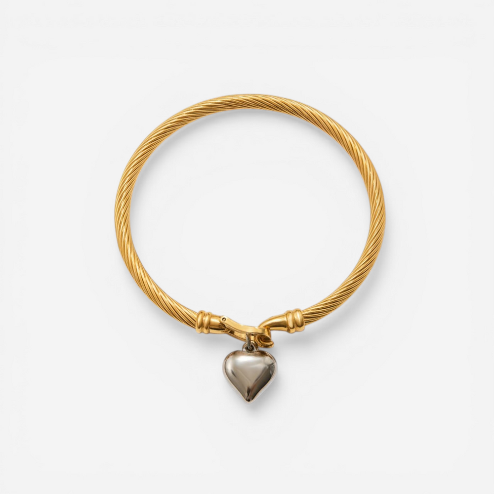 Twisted cable heart bangle bracelet mixed metal gold and silver stainless steel.