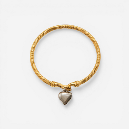Twisted cable heart bangle bracelet mixed metal gold and silver stainless steel.