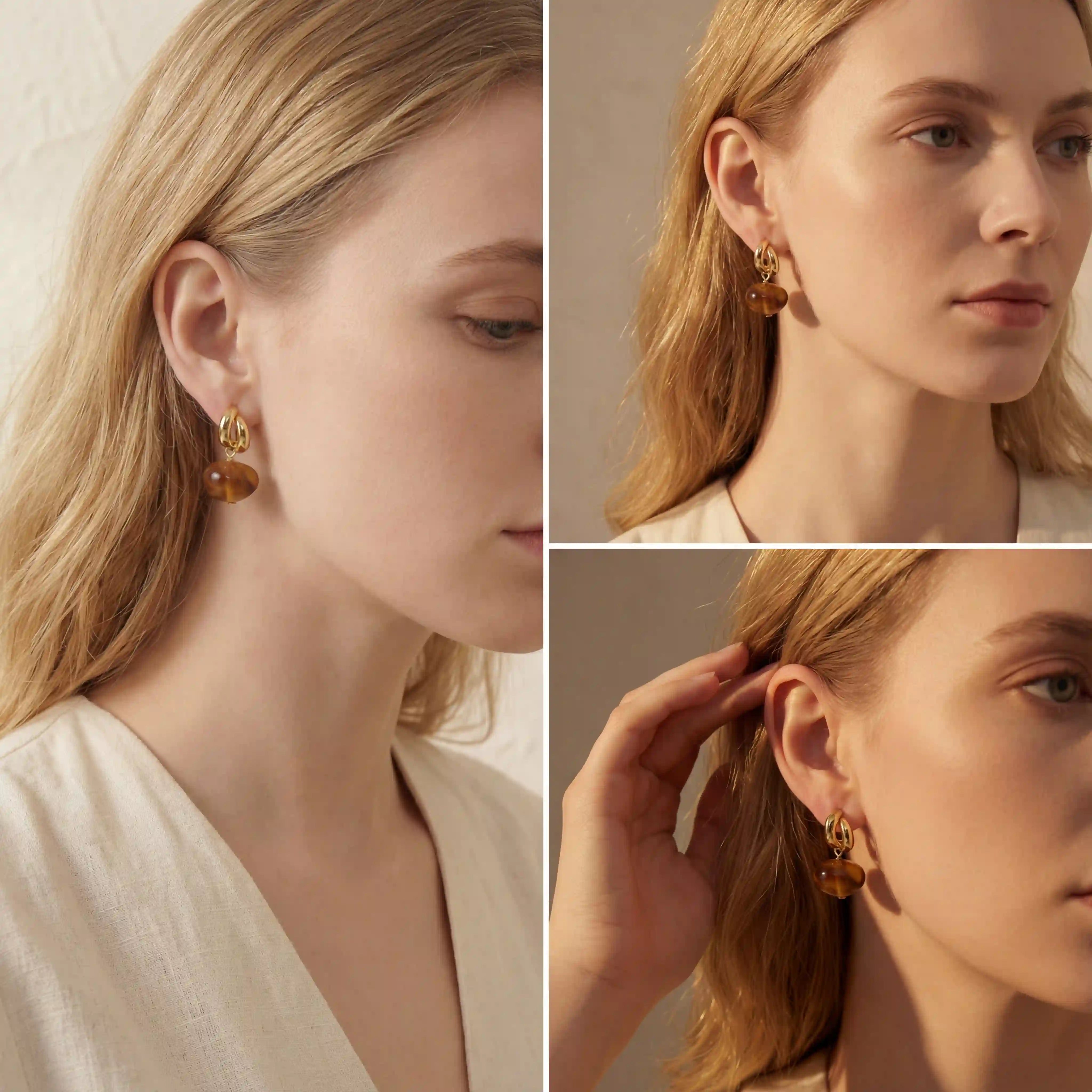 Lifestyle collage of woman wearing lightweight amber earrings dark academia aesthetic.