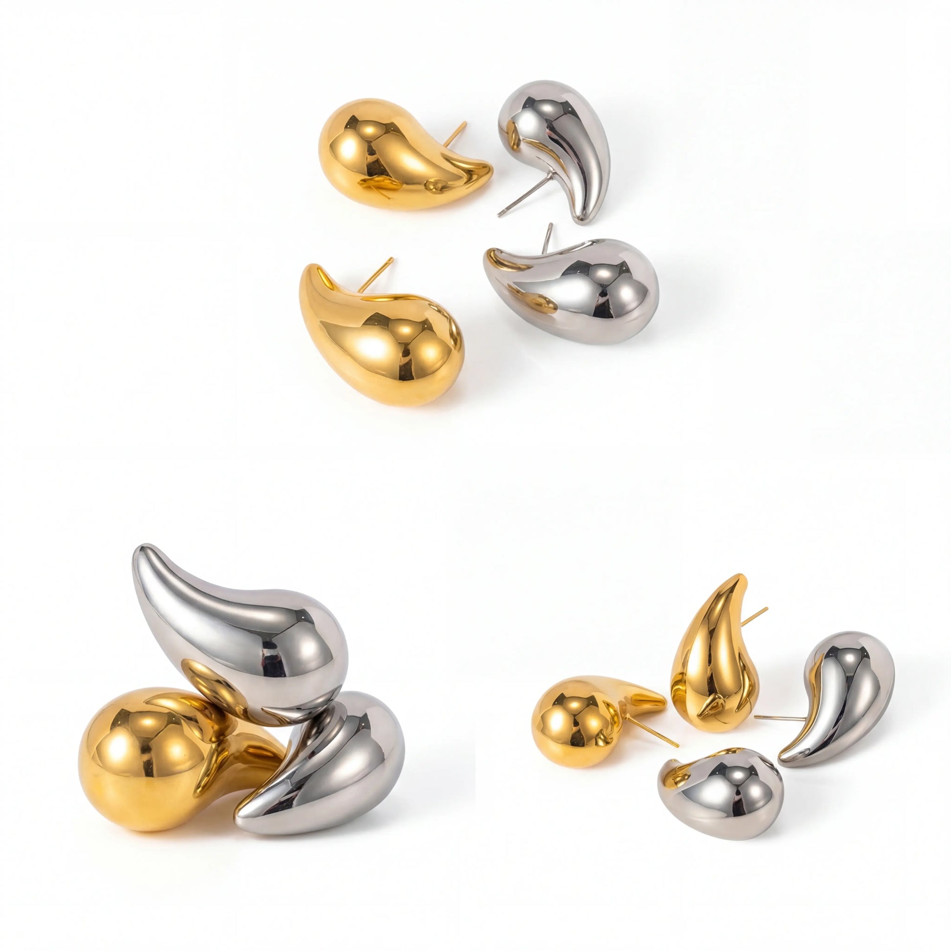 Aesthetic flat lay of gold and silver liquid droplet earrings waterproof jewelry collection.