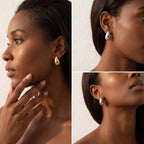 Model with dark skin styling gold and silver waterdrop stud earrings trendy jewelry look.