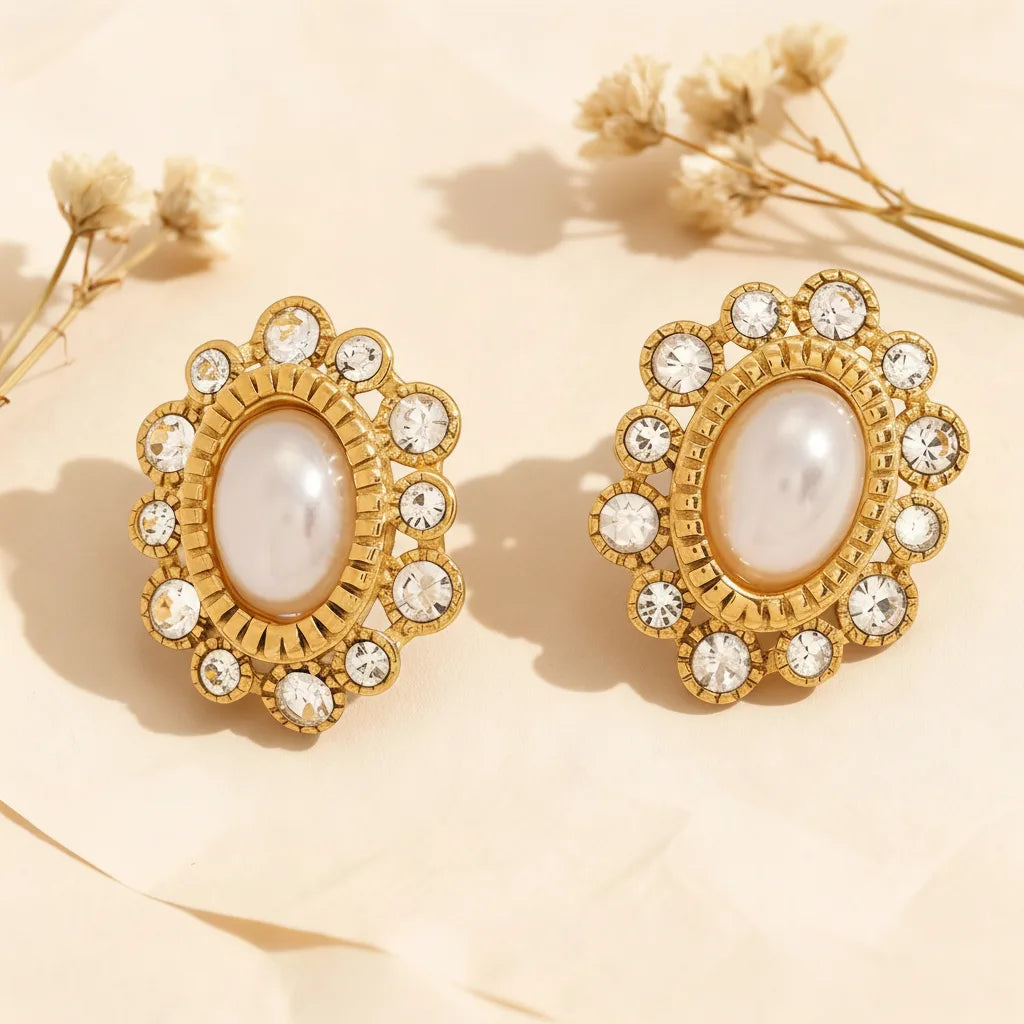 A detailed product shot of The Antoinette Earrings by Luminova, featuring a vintage design with a central oval pearl surrounded by a brilliant crystal halo in a textured gold setting.
