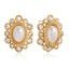 Pair of oval pearl stud earrings with crystal sunburst halo waterproof gold jewelry.