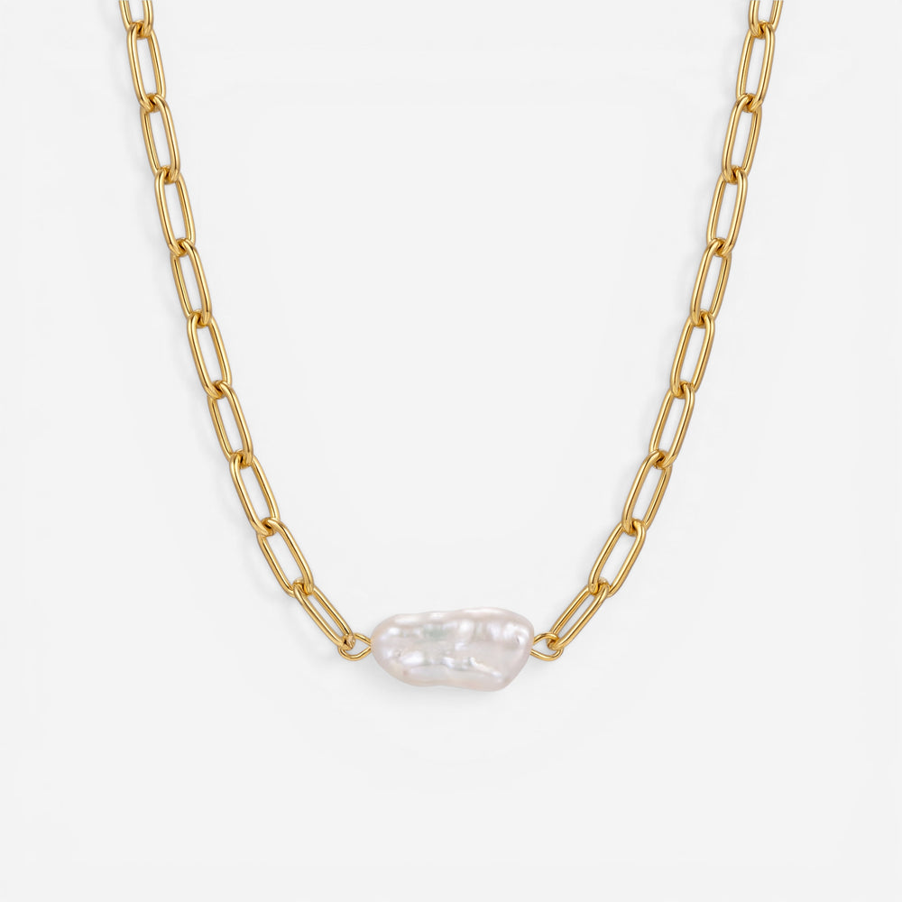 Gold paperclip link necklace with single freshwater pearl pendant waterproof stainless steel.