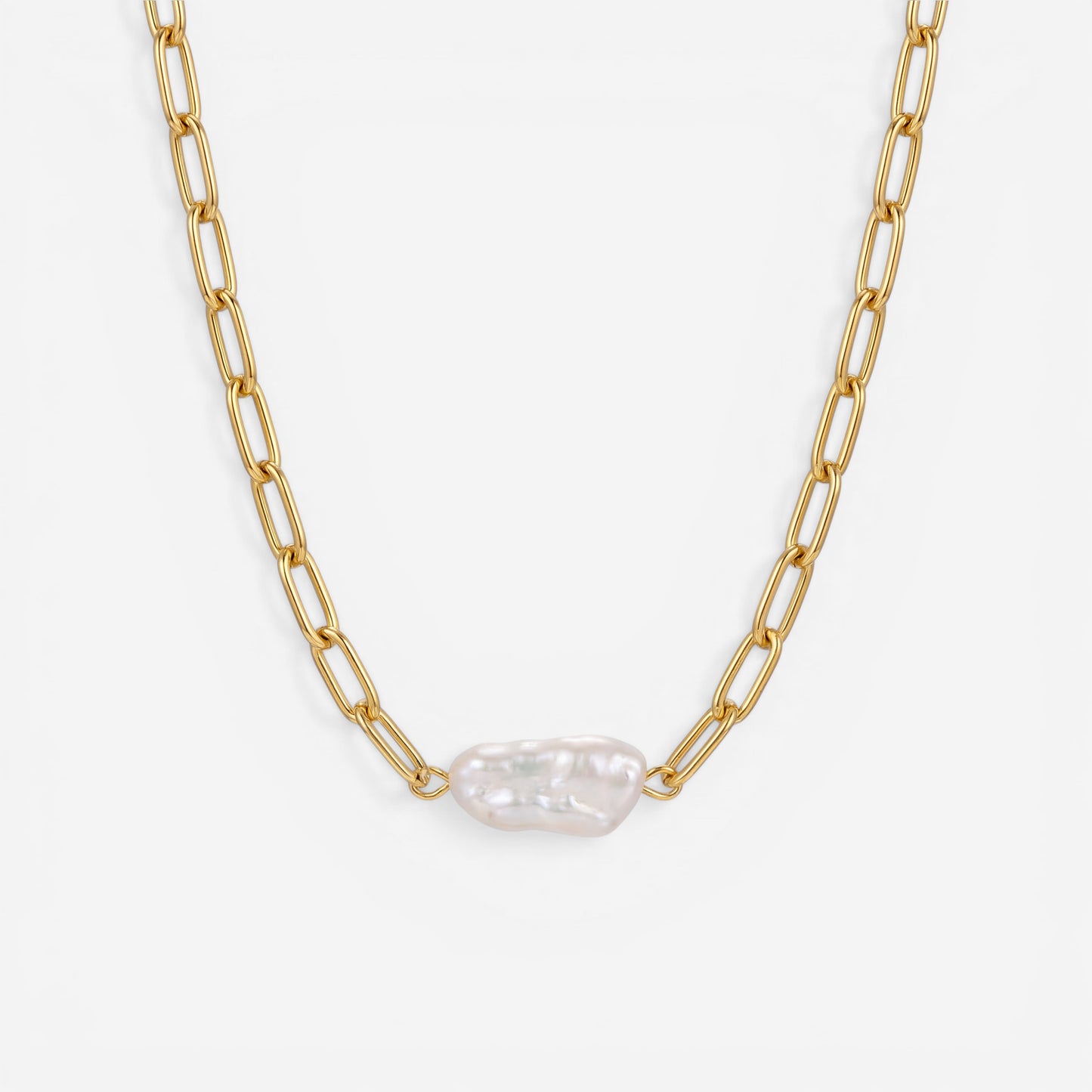 Gold paperclip link necklace with single freshwater pearl pendant waterproof stainless steel.