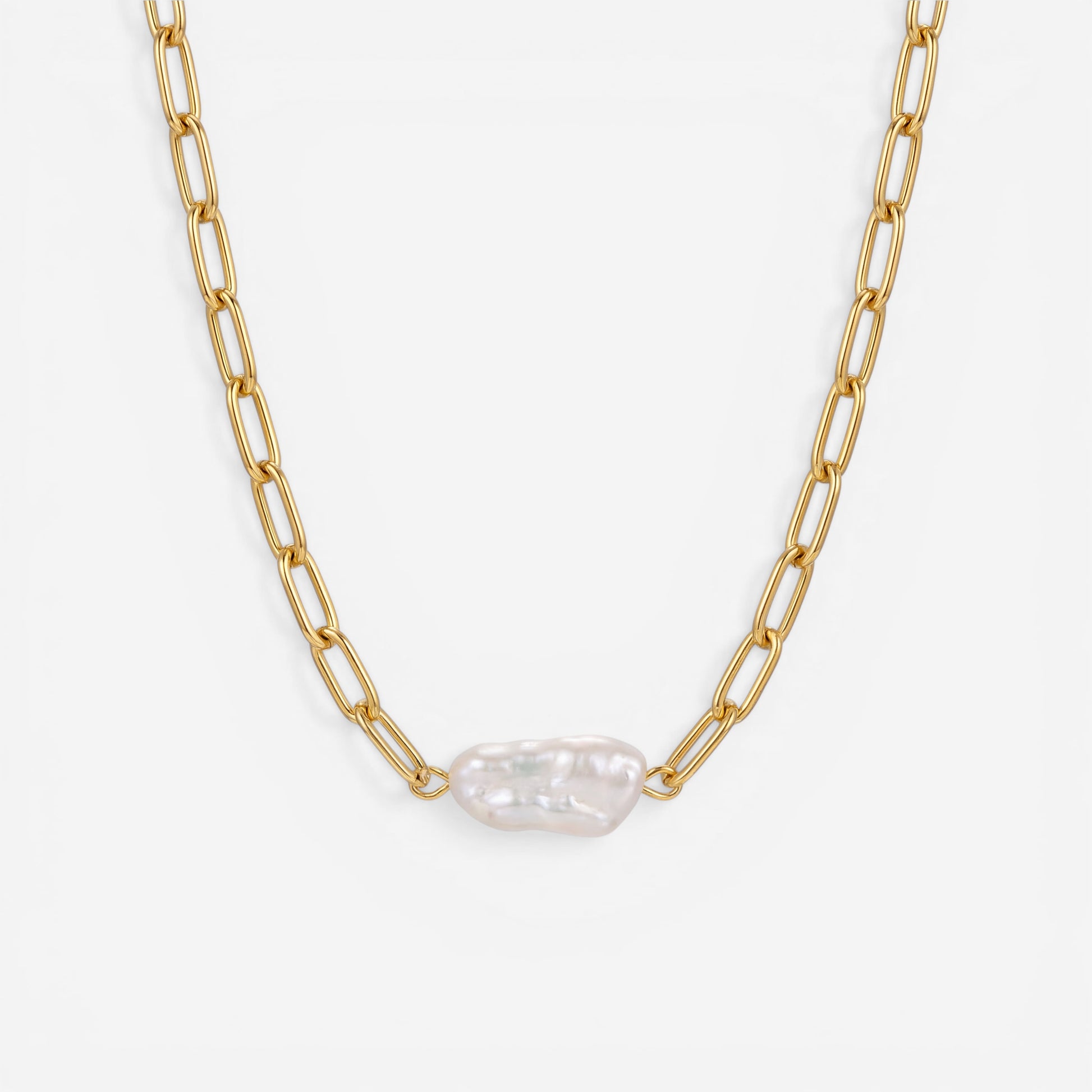 Gold paperclip link necklace with single freshwater pearl pendant waterproof stainless steel.