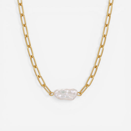 Gold paperclip link necklace with single freshwater pearl pendant waterproof stainless steel.