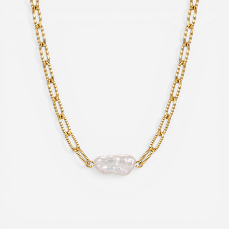 Gold paperclip link necklace with single freshwater pearl pendant waterproof stainless steel.