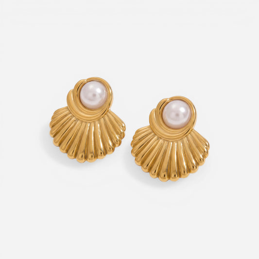 Pair of vintage style gold shell stud earrings with white pearl accent waterproof jewelry.
