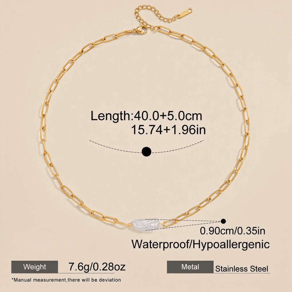 Informational graphic of The Aphrodite Necklace, detailing its length of 40cm plus a 5cm extender, and icons indicating its waterproof, hypoallergenic stainless steel and 18k gold-plated materials.