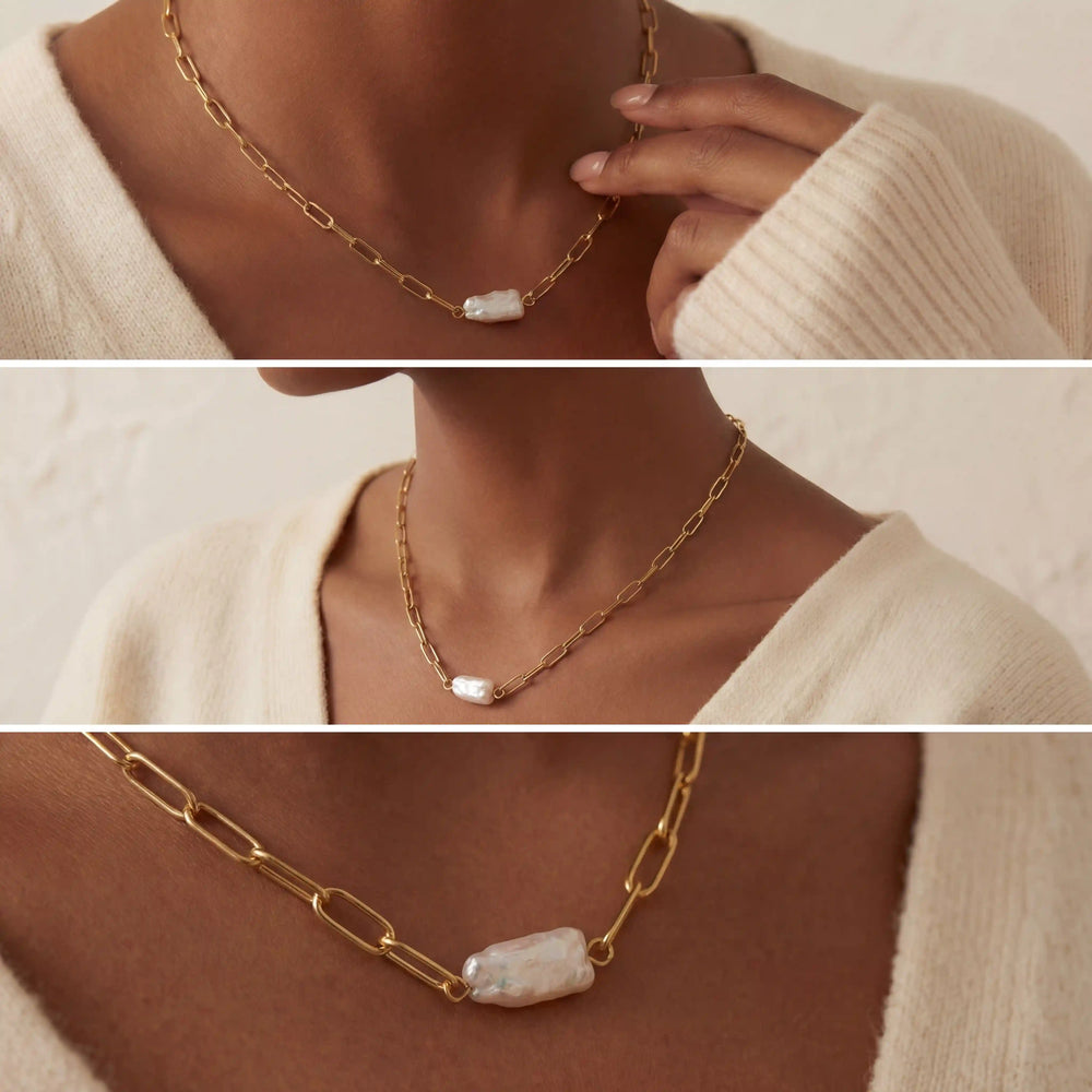Lifestyle photography collage of blonde woman styling modern gold and pearl necklace elegant look.