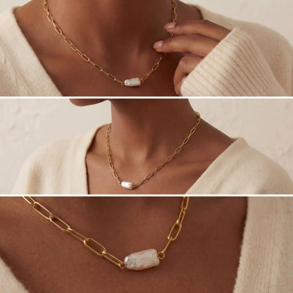 Lifestyle photography collage of blonde woman styling modern gold and pearl necklace elegant look.