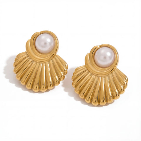 Pair of vintage style gold shell stud earrings with white pearl accent waterproof jewelry.