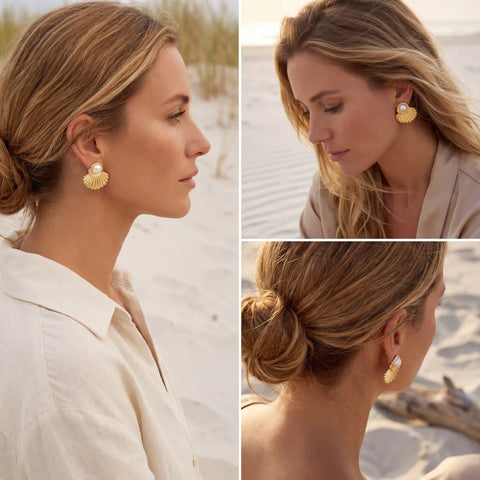 Lifestyle collage of blonde model styling Aphrodite pearl shell earrings summer vacation look.